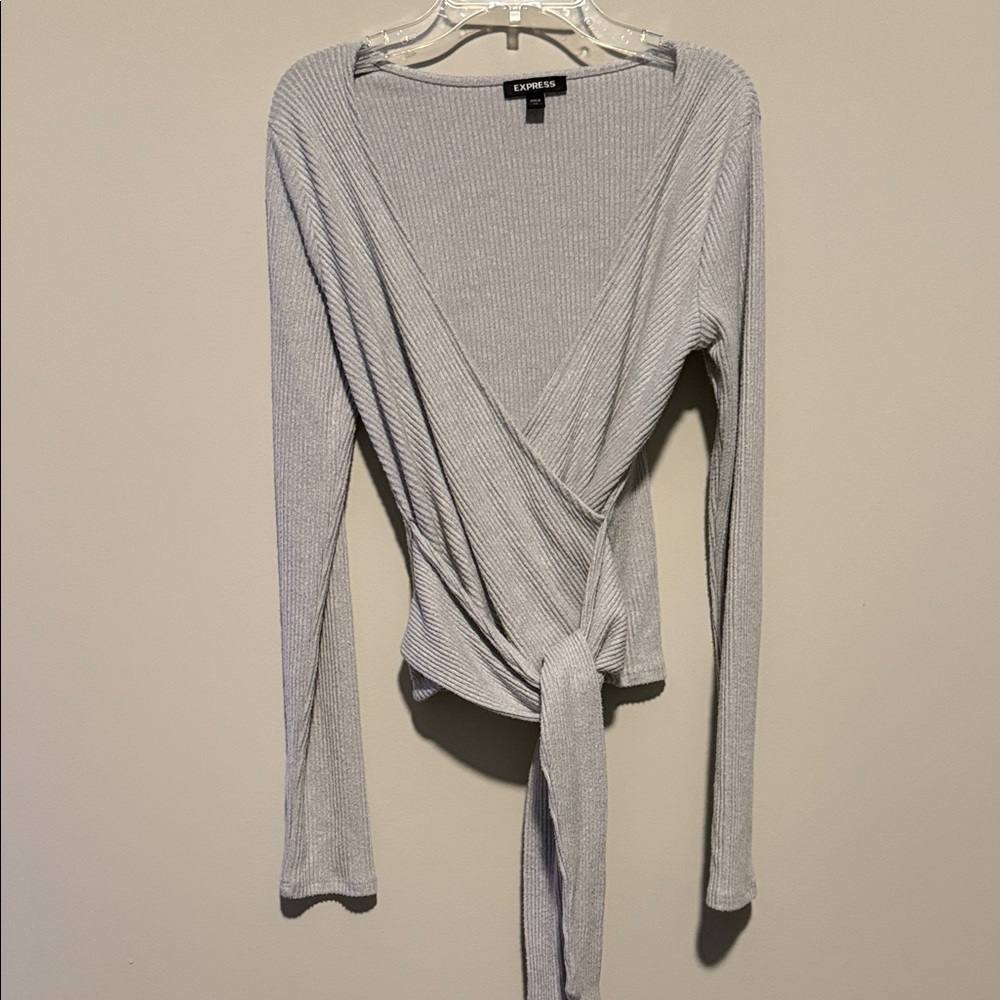 Express Light Gray Ribbed Wrap Blouse - image 1